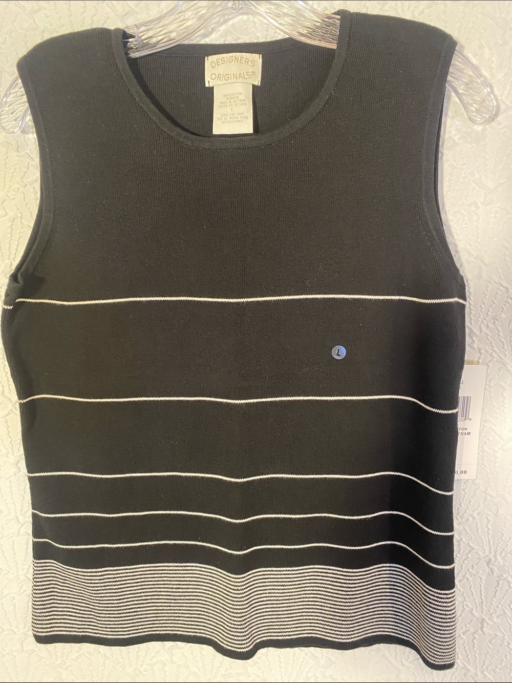 Designers Originals Black Sleeveless Knit Tank with White Stripes closet staple